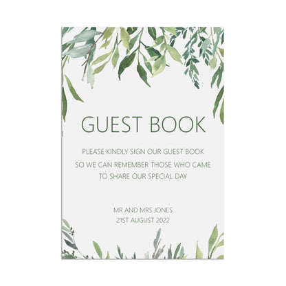 Guest Book Wedding Sign, Personalised Greenery A5, A4 Or A3 Sign