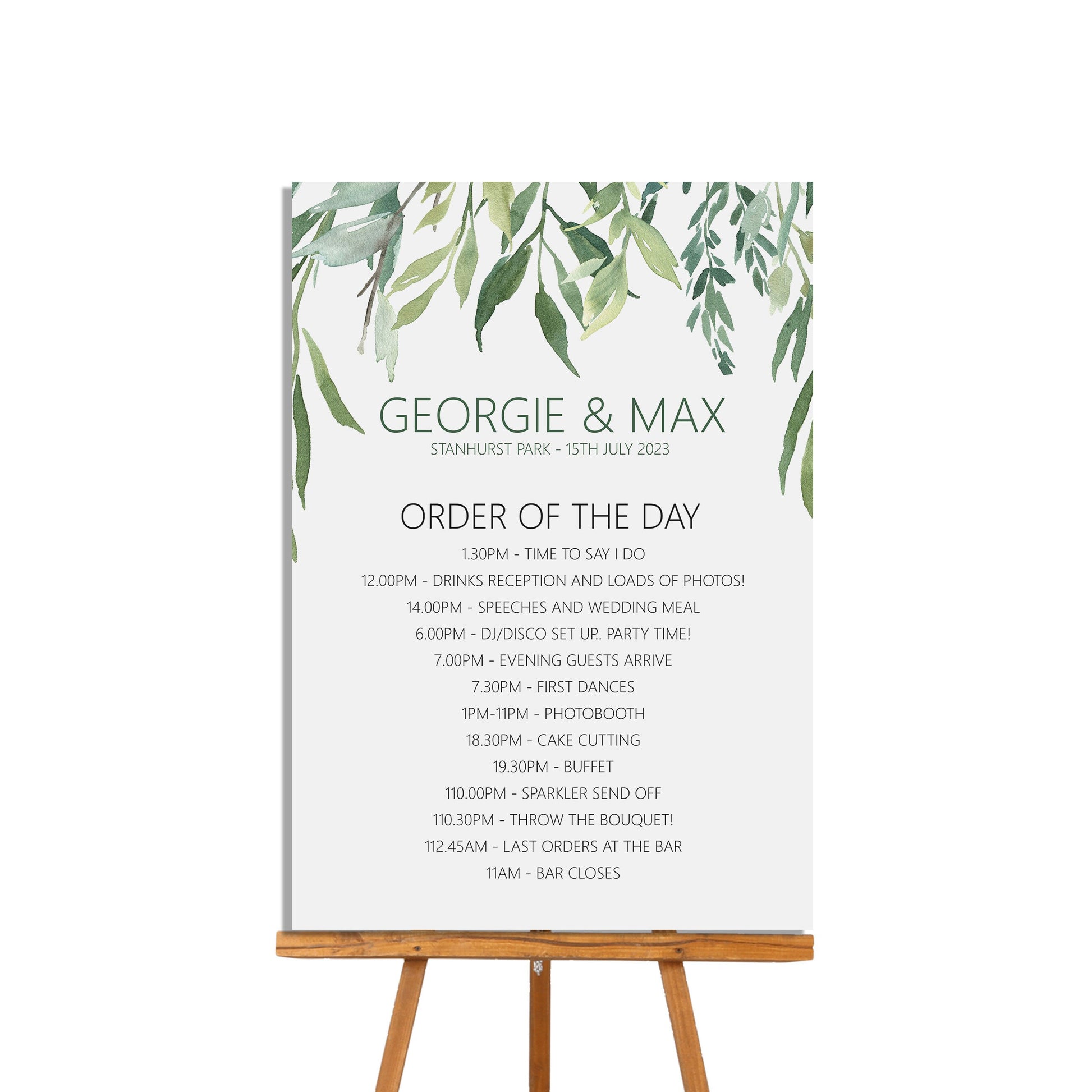 Greenery Order Of The Day Sign - 4 Sizes Available