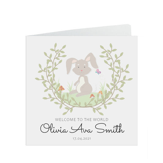 Personalised New Baby Welcome To The World Card Woodland Bunny Rabbit Card