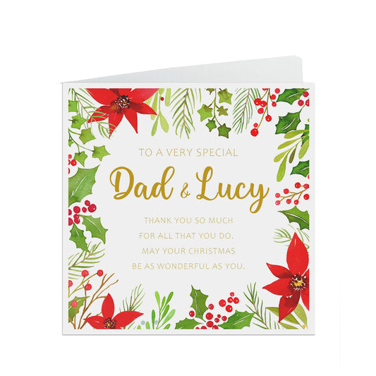 Dad And Partner Christmas Card, Traditional Personalised Poinsettia Design