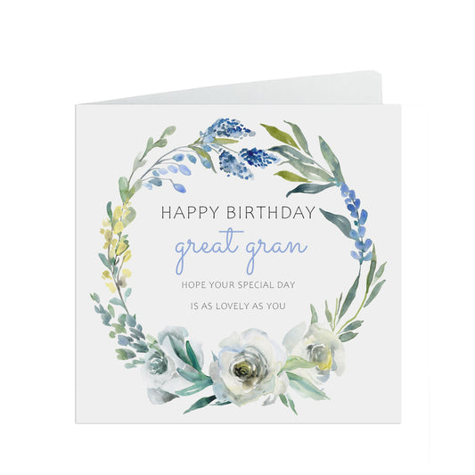 Great Gran Birthday Card, Blue Floral Flowers