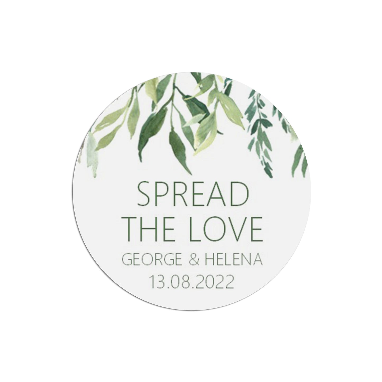 Spread The Love Wedding Stickers, Greenery 37mm Round With Personalisation At The Bottom x 35 Stickers Per Sheet