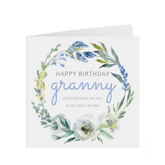 Granny Birthday Card, Blue Floral Flowers