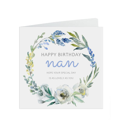 Nan Birthday Card, Blue Floral Flowers