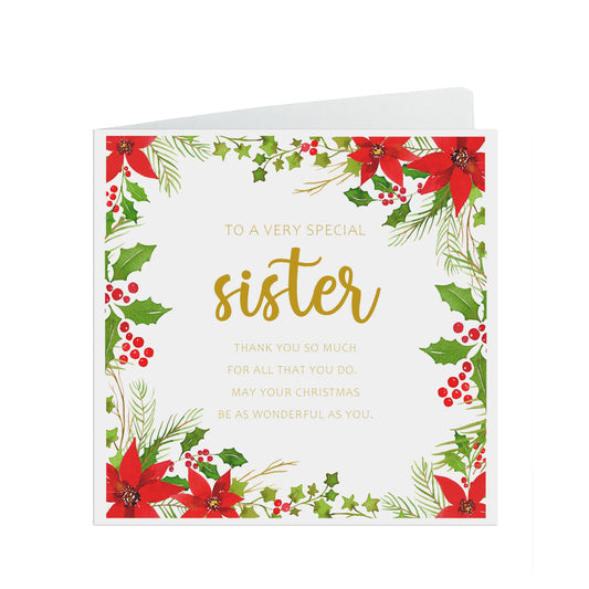 Sister Christmas Card, Traditional Poinsettia Design