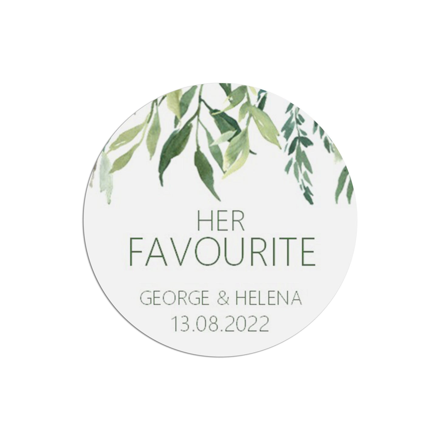 Her Favourite Wedding Stickers, Greenery 37mm Round With Personalisation At The Bottom x 35 Stickers Per Sheet