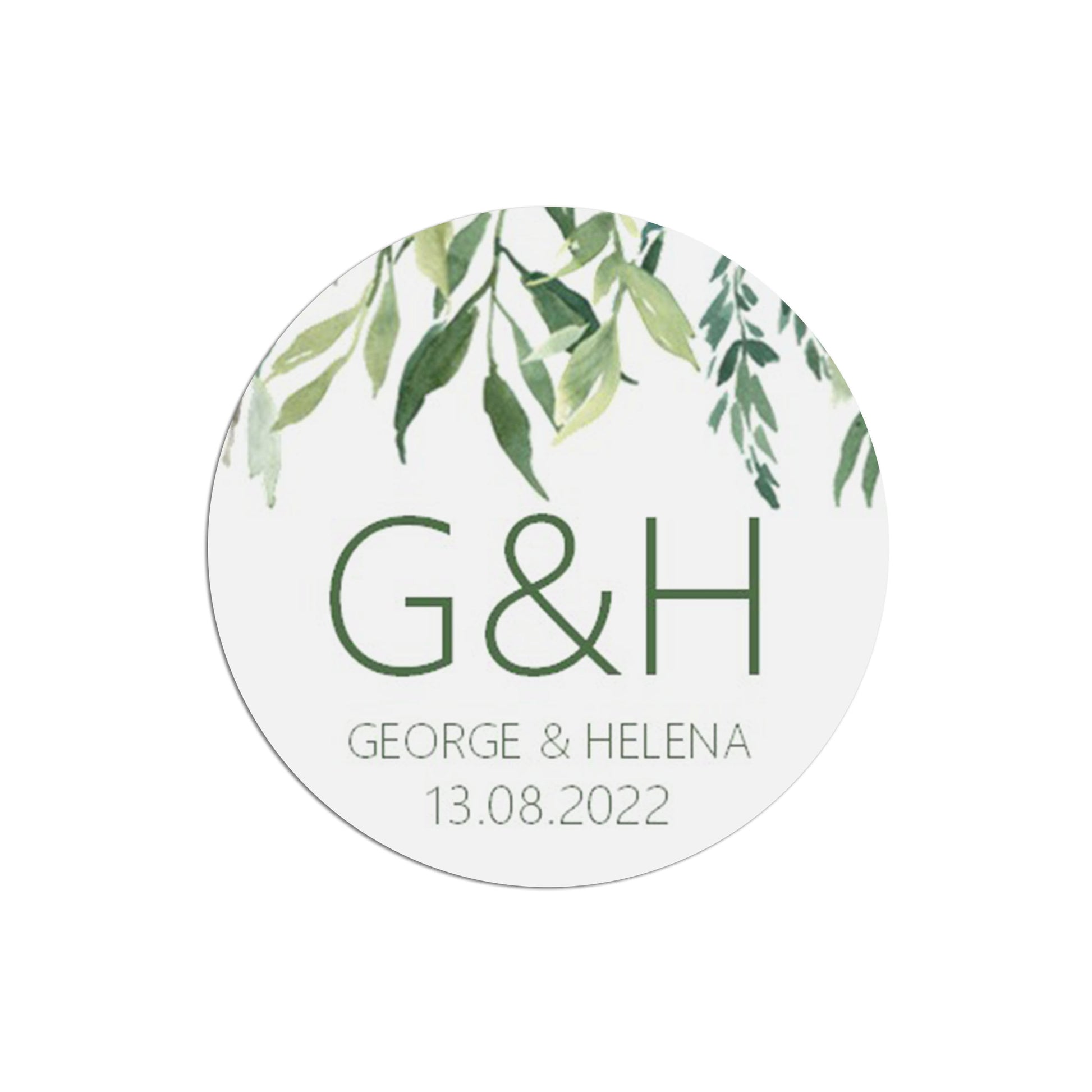 Monogram Initials Wedding Stickers, Greenery 37mm Round With Personalisation At The Bottom x 35 Stickers Per Sheet