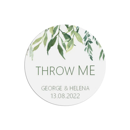 Throw Me Wedding Stickers, Greenery 37mm Round With Personalisation At The Bottom x 35 Stickers Per Sheet
