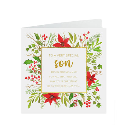 Son Christmas Card, Traditional Poinsettia Design