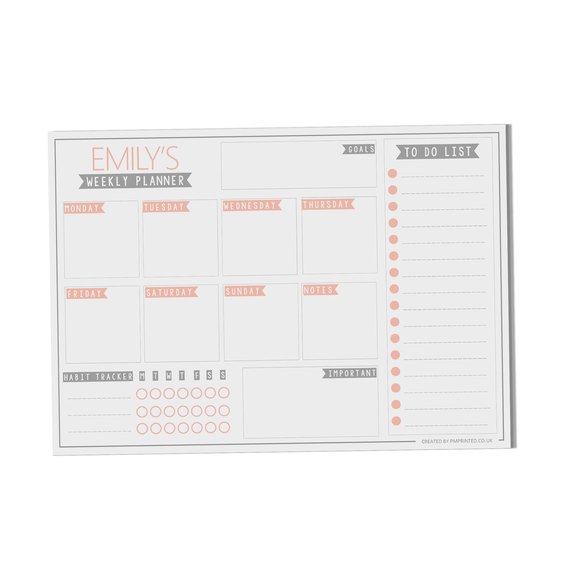  Weekly Planner, A4 with 52 undated tear off pages, daily Personalised Productivity organiser notepad by PMPRINTED 