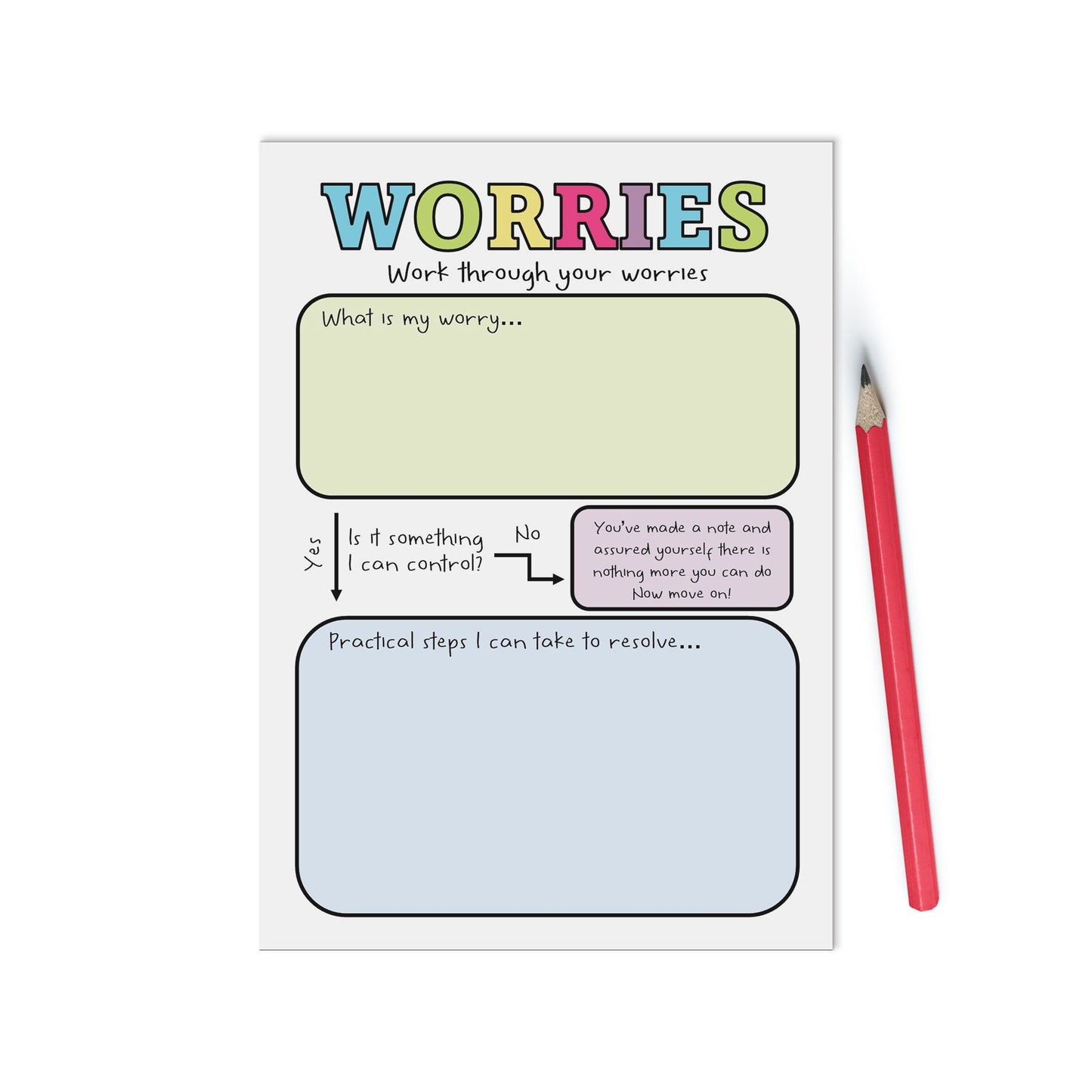 Worries Flowchart A6 Notepad, Jotter Pad With 50 Tear Off Pages, Colourful Self Care Mental Health Gratitude Notepad