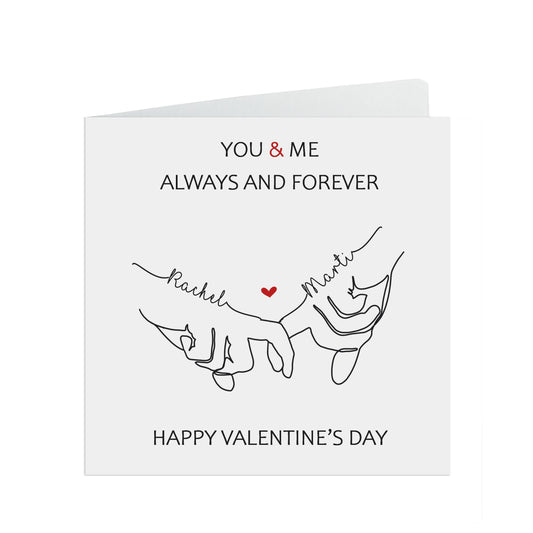 Personalised Valentine's Card, You & Me, Hands Interlinked With Names