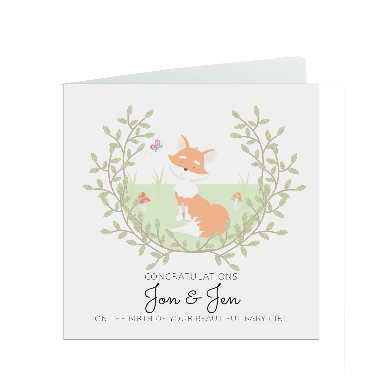 New baby Girl Woodland Fox Personalised Congratulations Card