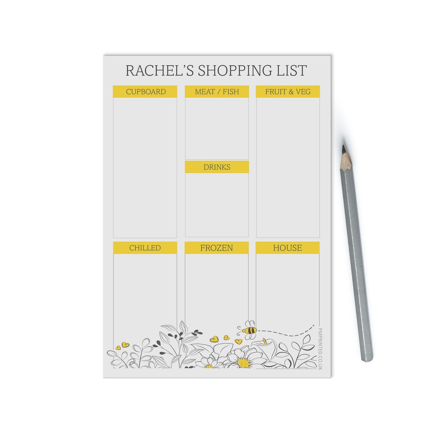 Groceries Shopping list Notepad, Personalised A5 with 50 tear off pages, Floral Design