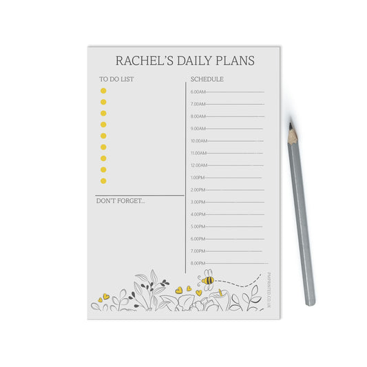 Personalised Planner, Daily Schedule, A5 with 50 undated tear off pages, Floral Bee Productivity Organiser