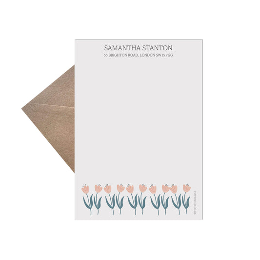Personalised Adult Letter Writing Set, Tulip Design 20 Sheets Of Writing Paper & 20 Kraft Envelopes