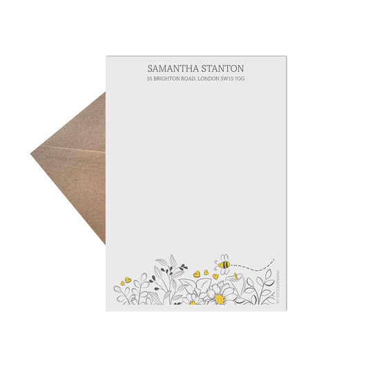 Personalised Adult Letter Writing Set, Bee Floral Design 20 Sheets Of Writing Paper & 20 Kraft Envelopes