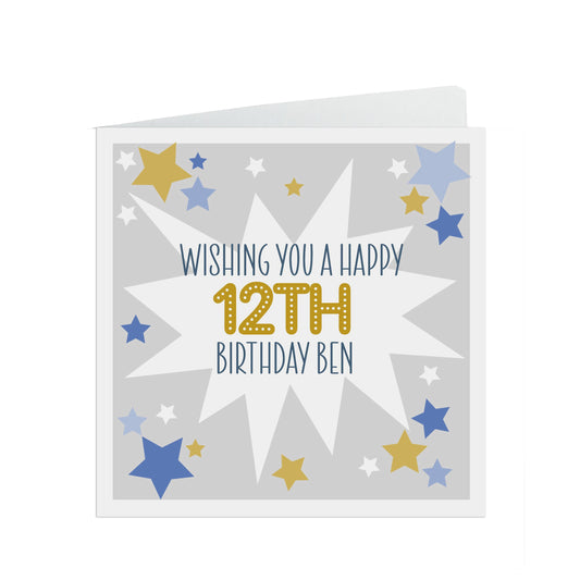 12th Birthday Card, Personalised Boys Blue & Gold Star Design - Son, Grandson, Nephew, Brother