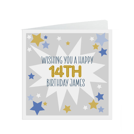 14th Birthday Card, Personalised Boys Blue & Gold Star Design - Son, Grandson, Nephew, Brother