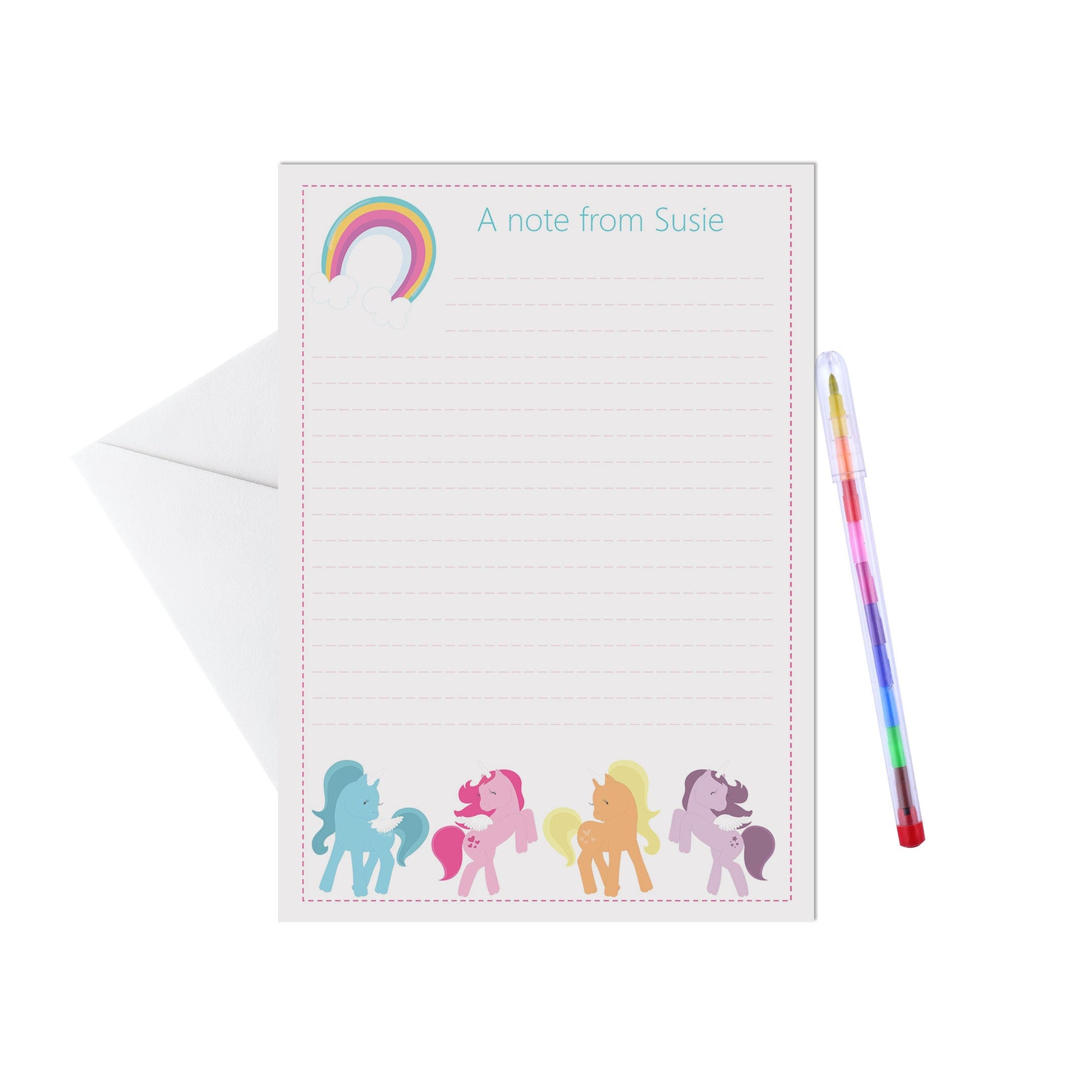 Colourful unicorn Personalised Letter Writing Set - A5 Pack Of 15 Sheets & Envelopes