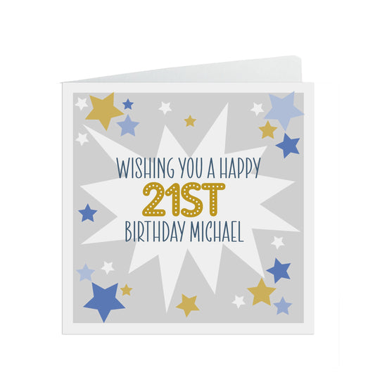 21st Birthday Card, Personalised Blue & Gold Star Design - Son, Grandson, Nephew, Brother