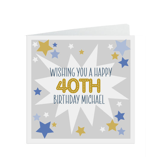 40th Birthday Card, Personalised Blue & Gold Star Design - Son, Grandson, Nephew, Brother