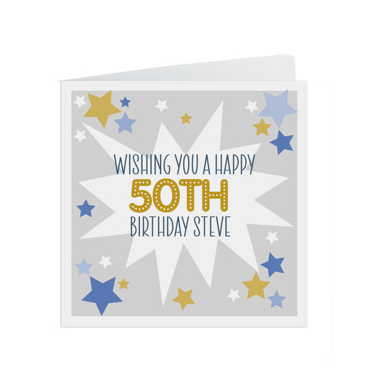 50th Birthday Card, Personalised Blue & Gold Star Design - Son, Grandson, Nephew, Brother