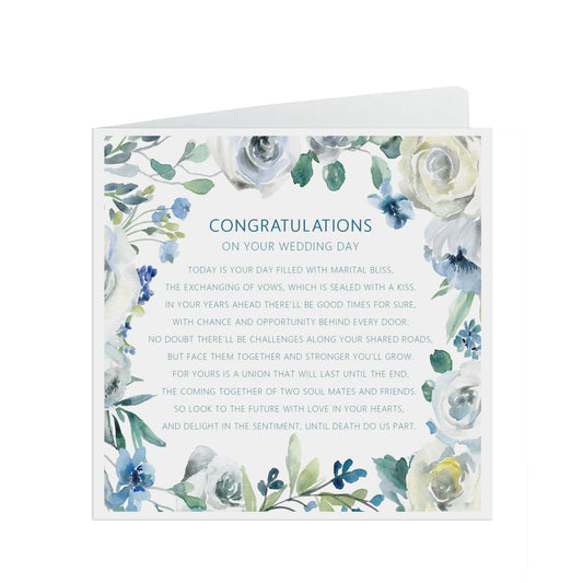 Congratulations On Your Wedding Day, Blue Floral Sentimental Poem, 6x6 Inches With A Kraft Envelope