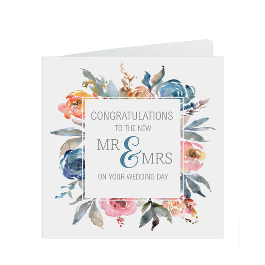 Blue & Orange Floral Wedding Day Card - Congratulations To The New Mr and Mrs On Your Wedding Day