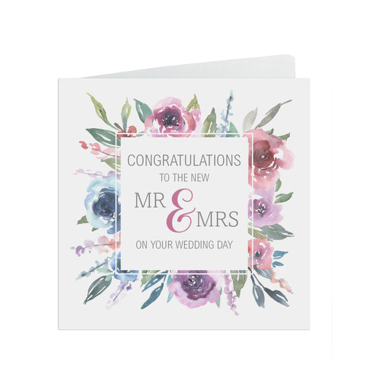 purple & Blue Floral Wedding Day Card - Congratulations To The New Mr and Mrs On Your Wedding Day