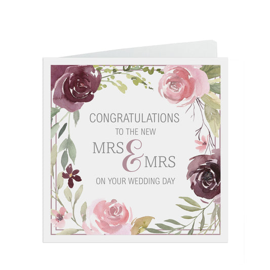 Purple & Mauve Floral Wedding Day Card - Congratulations To The New Mrs and Mrs On Your Wedding Day - Same Sex Wedding