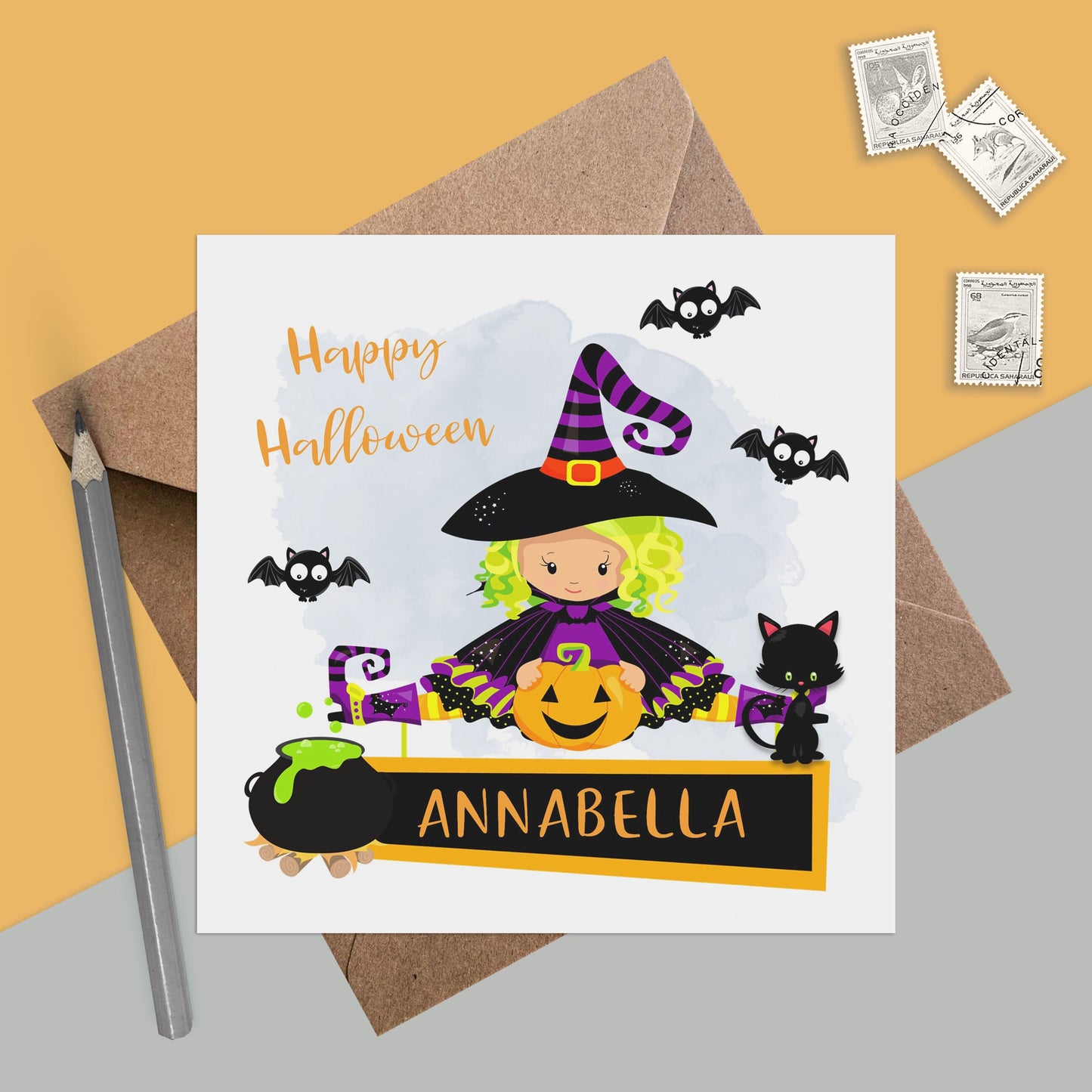 Witch Halloween card, Personalised cute card for child with kraft brown envelope