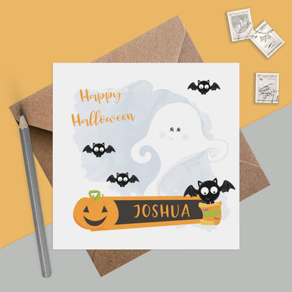 Ghost Halloween card, Personalised cute card for child with kraft brown envelope
