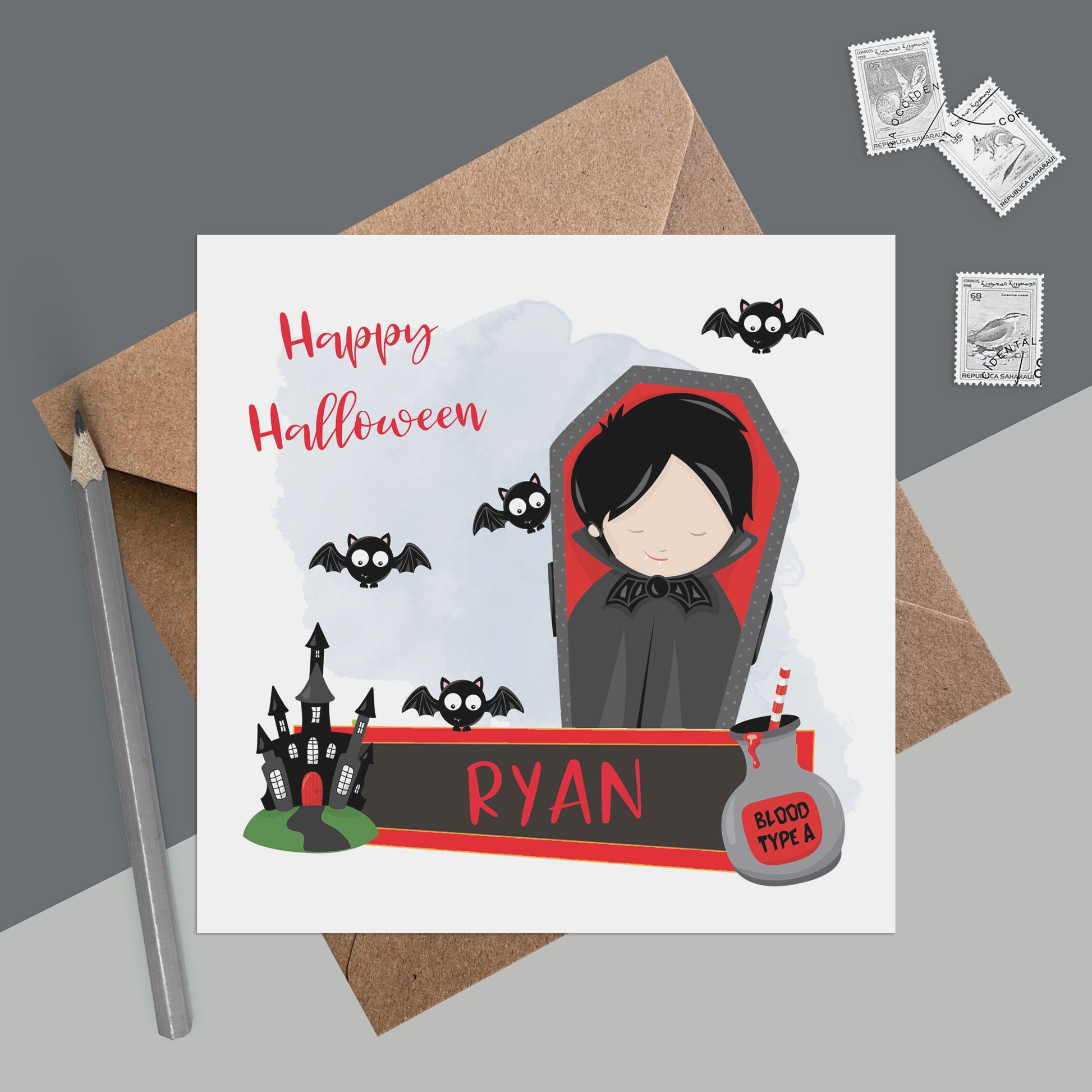 Vampire Halloween card, Personalised cute card for child with kraft brown envelope