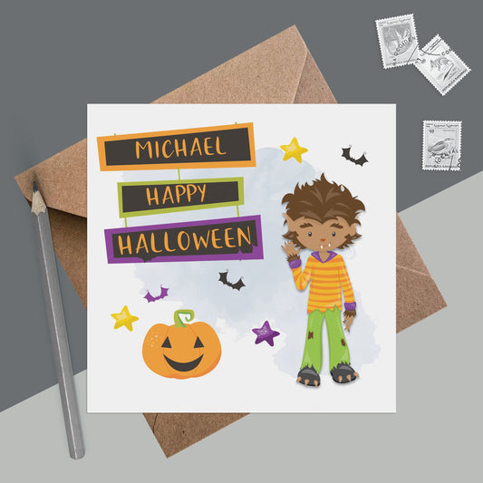 Personalised Halloween card, Cute warewolf card with kraft brown envelope