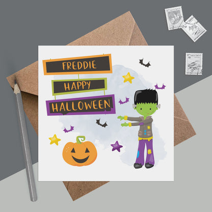 Personalised Halloween card, Cute monster card with kraft brown envelope