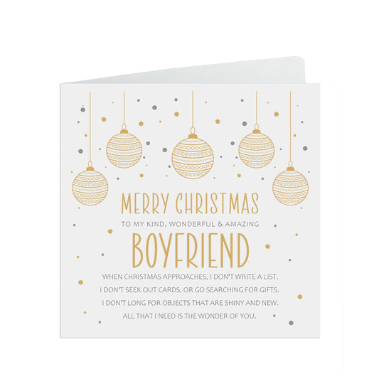 Boyfriend Christmas Card, Gold Bauble Sentimental Romantic Poem