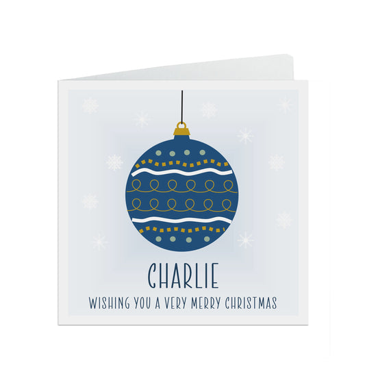 Personalised Christmas Card For Son, Blue Bauble Design