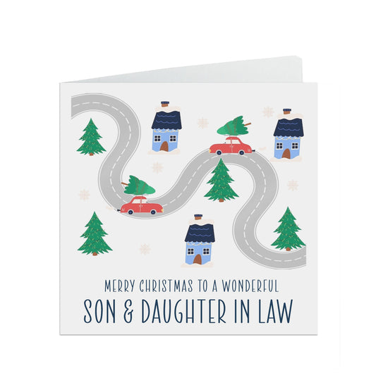 Son And Daughter In Law Christmas Card, Snowy Scene Scandi Design