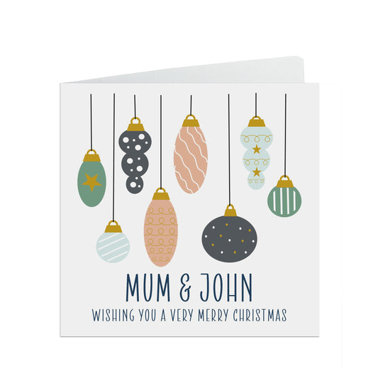 Mum And Partner Christmas Card, Personalised Bauble Design
