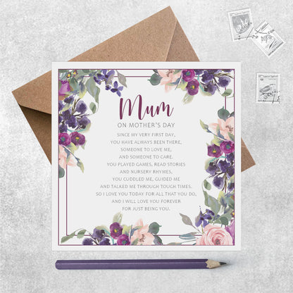 Mum Mother's Day Card, Purple Floral Sentimental Poem