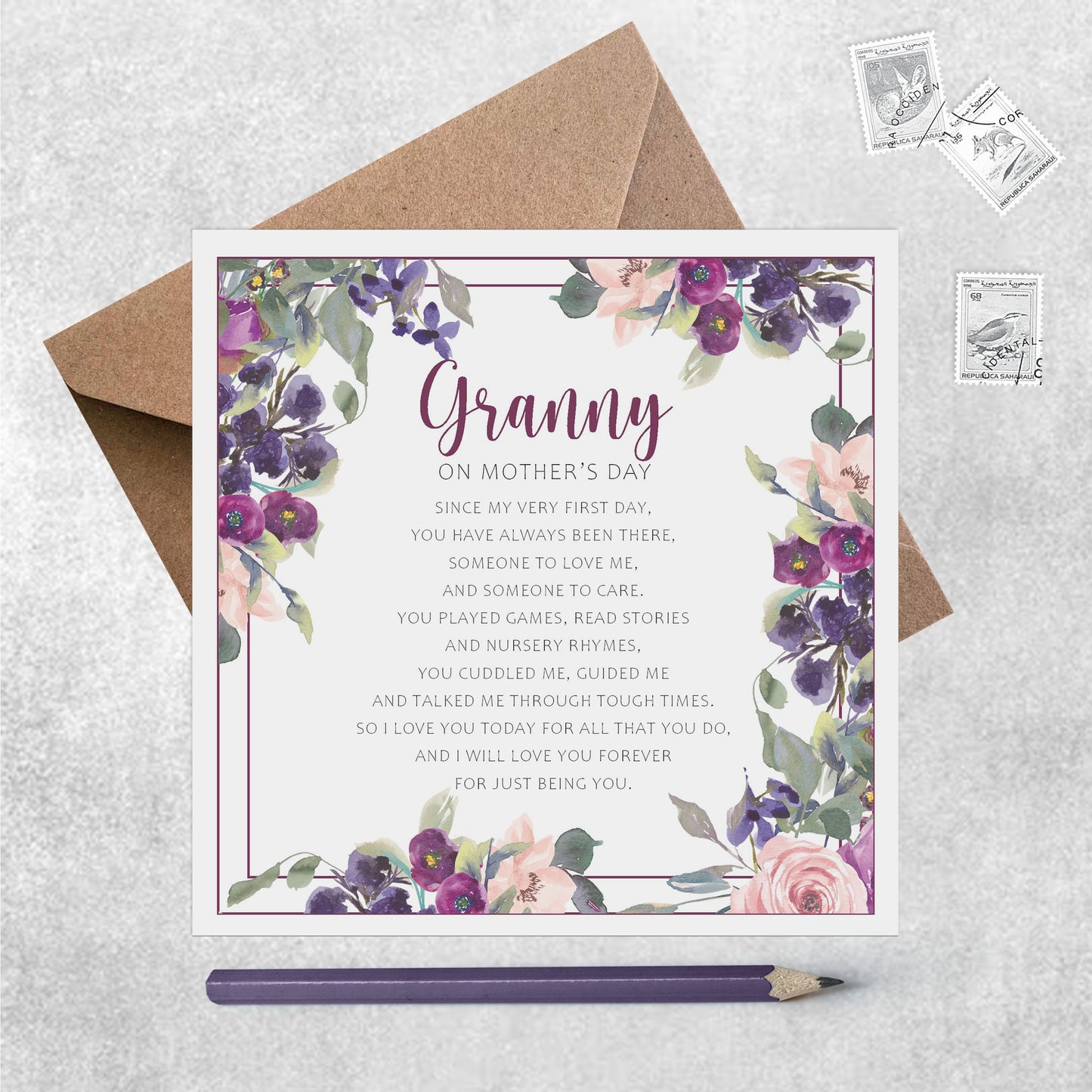 Granny Mother's Day Card, Sentimental Purple Floral Poem Card