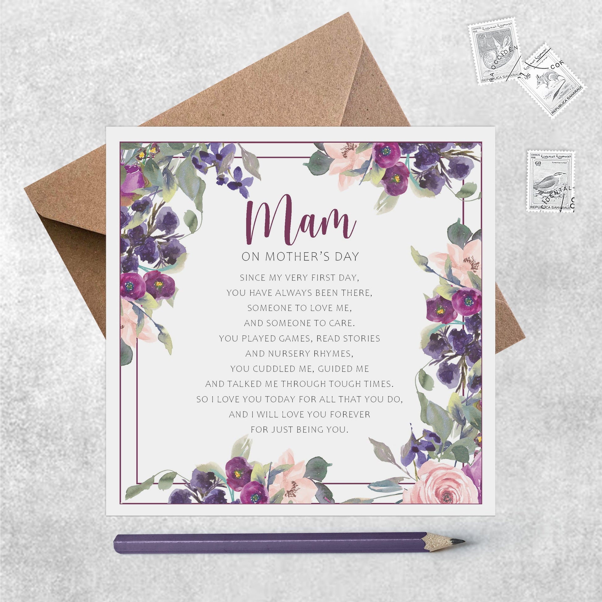 Mam Mother's Day Card, Purple Floral Sentimental Poem