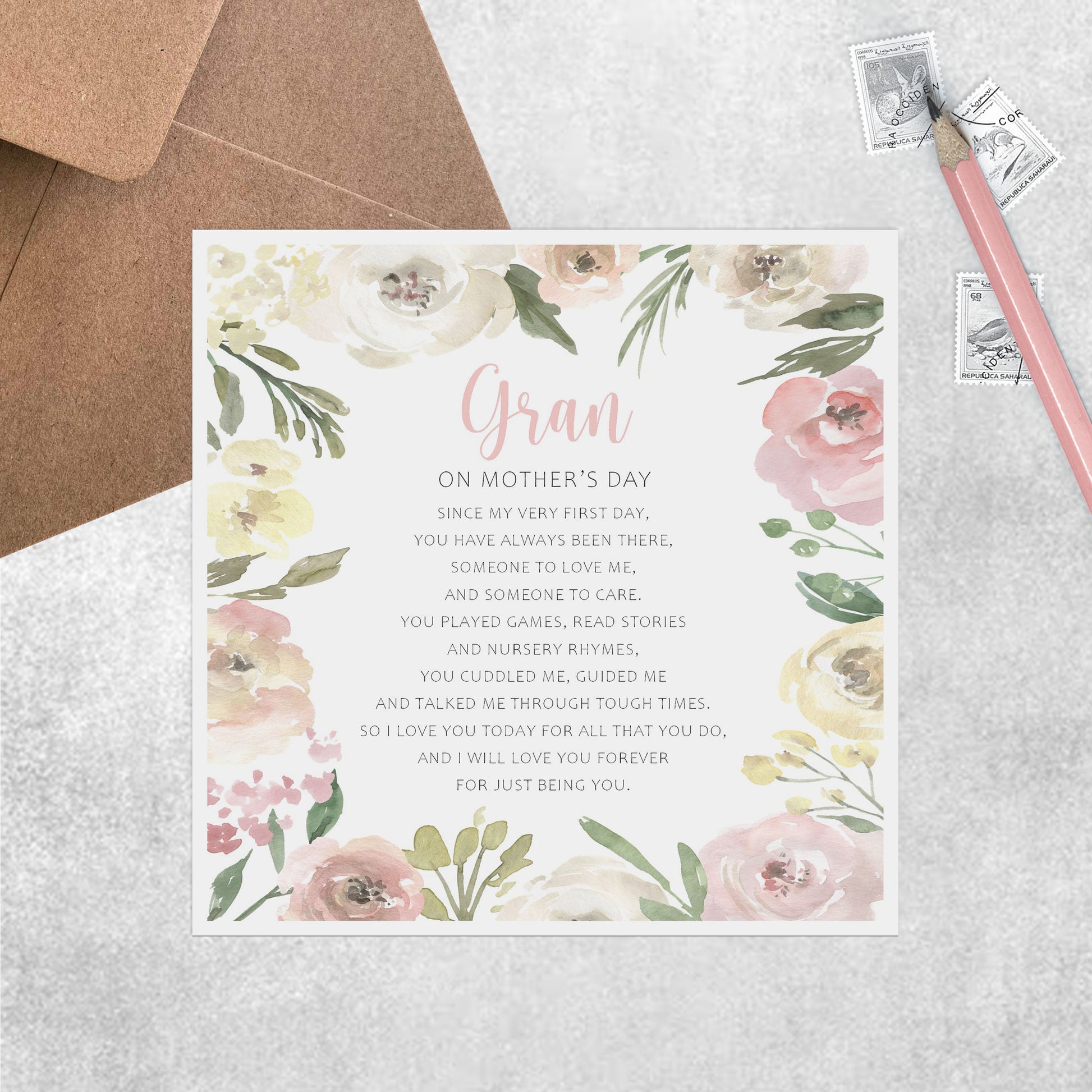 Floral Gran Mother's Day Card, Sentimental Poem Card