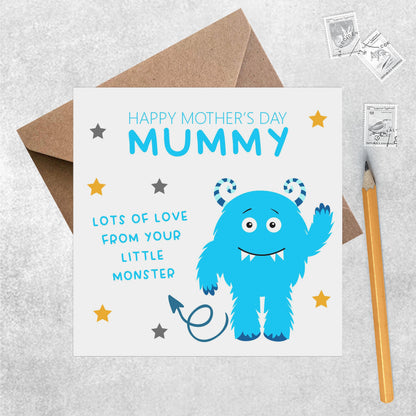 Mummy From Your Little Monster, Cute Mother's Day Card - Blue Monster