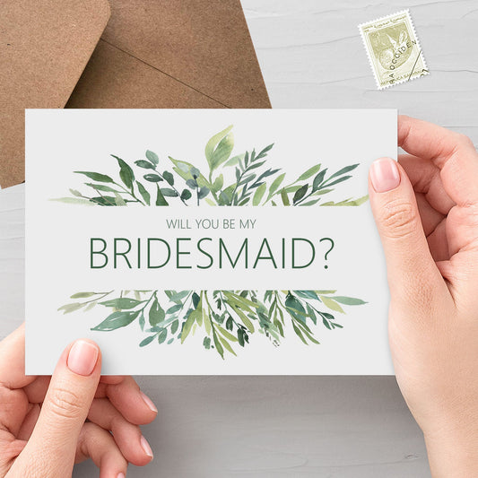 Will You Be My Bridesmaid? A6 Greenery Wedding Proposal Card With Kraft Envelope