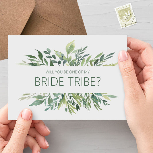 Will You Be Part Of My Bride Tribe? A6 Greenery Wedding Proposal Card With Kraft Envelope