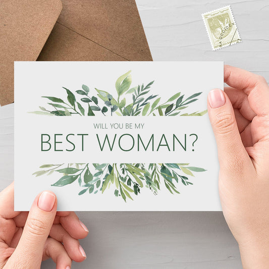 Will You Be My Best Woman? A6 Greenery Wedding Proposal Card With Kraft Envelope