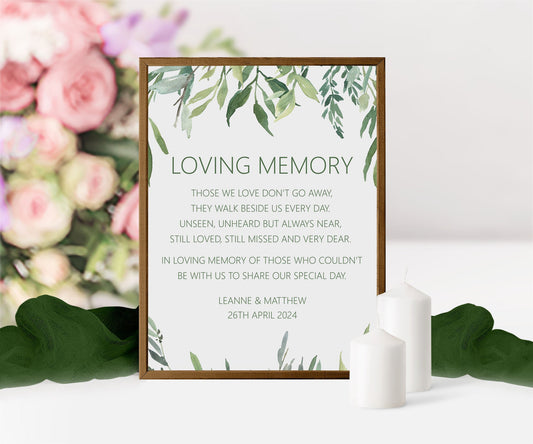 Loving Memory Remembrance Wedding Sign, Personalised Greenery A5, A4 Or A3 Sign