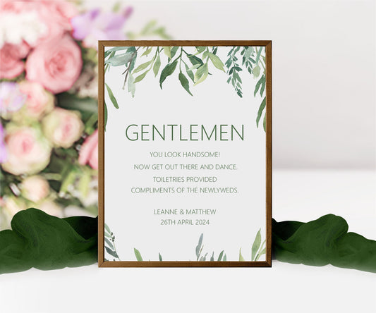 Gentlemen Toiletries Wedding Sign, Personalised Greenery A5, A4 Or A3 Sign